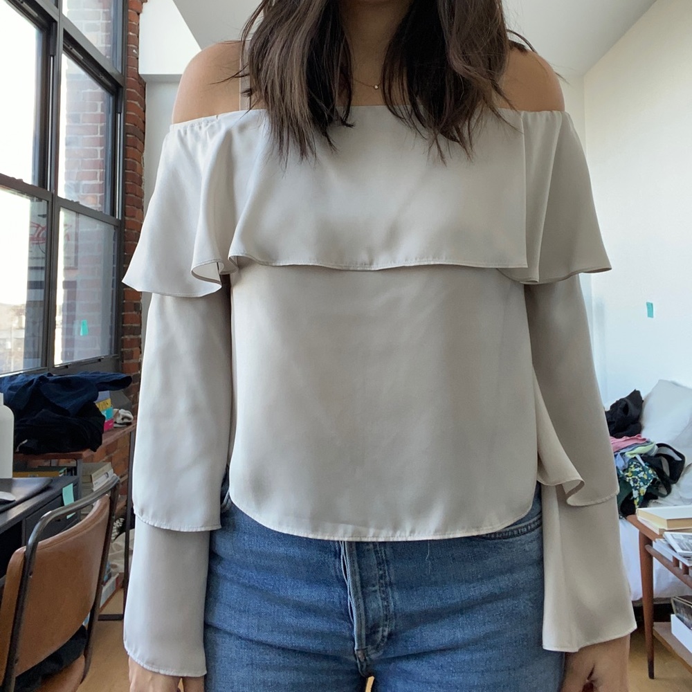 OTS silver ruffle crop top